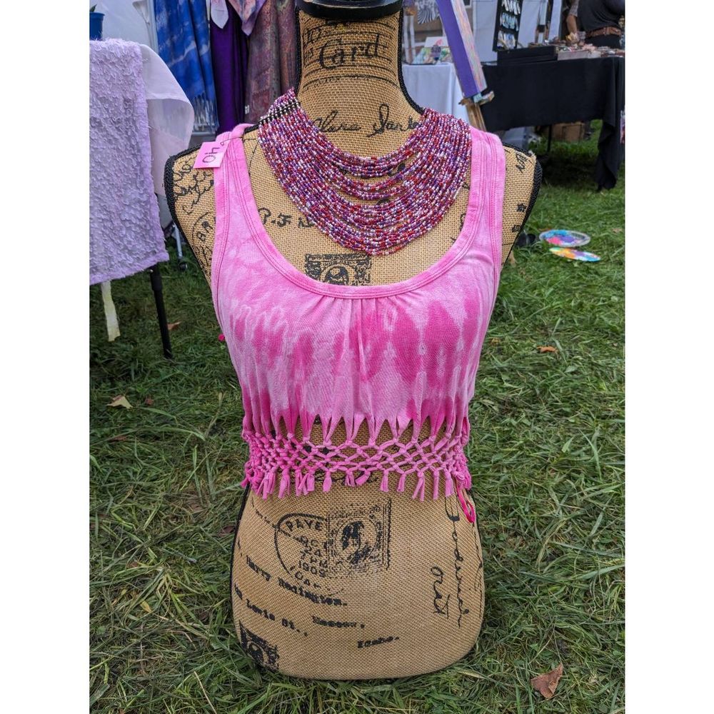 Pink & White Bleach Dye Macrame Crop Top; Size S-L; scoop neck, racerback, soft
